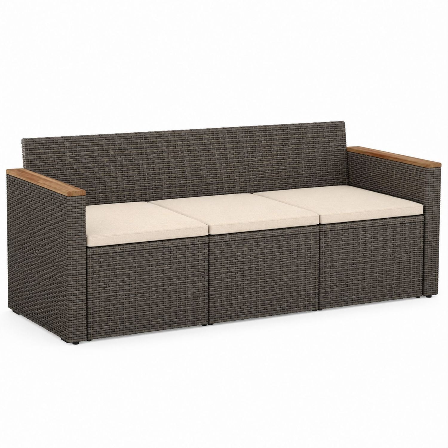 Sofa ogrodowa z technorattanu z drewnianymi podłokietnikami 200 cm