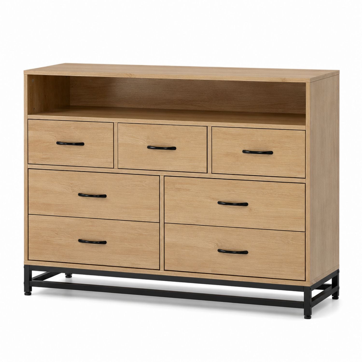 Komoda drewniana z 7 szufladami, MDF, jasny dąb, stal czarna