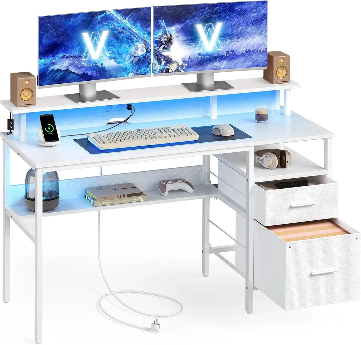 VASAGLE LWD094W01 Biurko i stół komputerowy: USB-A, z szufladami, z portem USB, wyświetlacz LED, do użytku domowego, 135 × 55 × 90 cm, biały