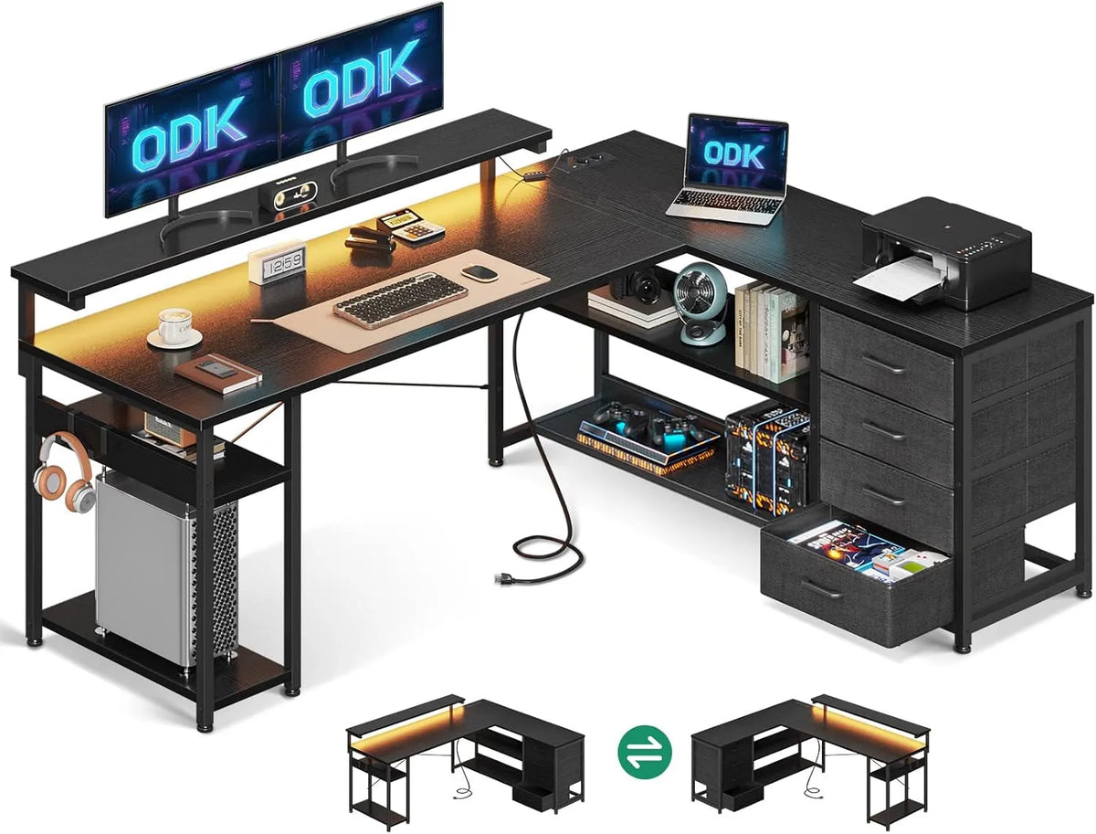 Biurko i stół komputerowy — z szufladami, z portem USB, wyświetlacz LED, do użytku domowego, 155×110cm, czarny