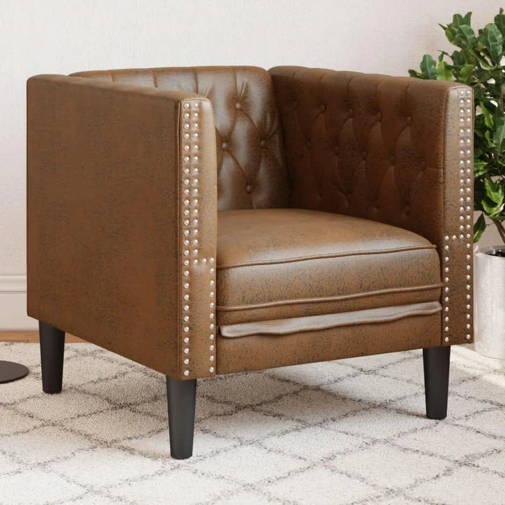 Fotel i krzesło tapicerowane Chesterfield brązowy sztuczna skóra o wyglądzie zamszu — 71 × 74, 5 × 70, 5 cm, 110 kg