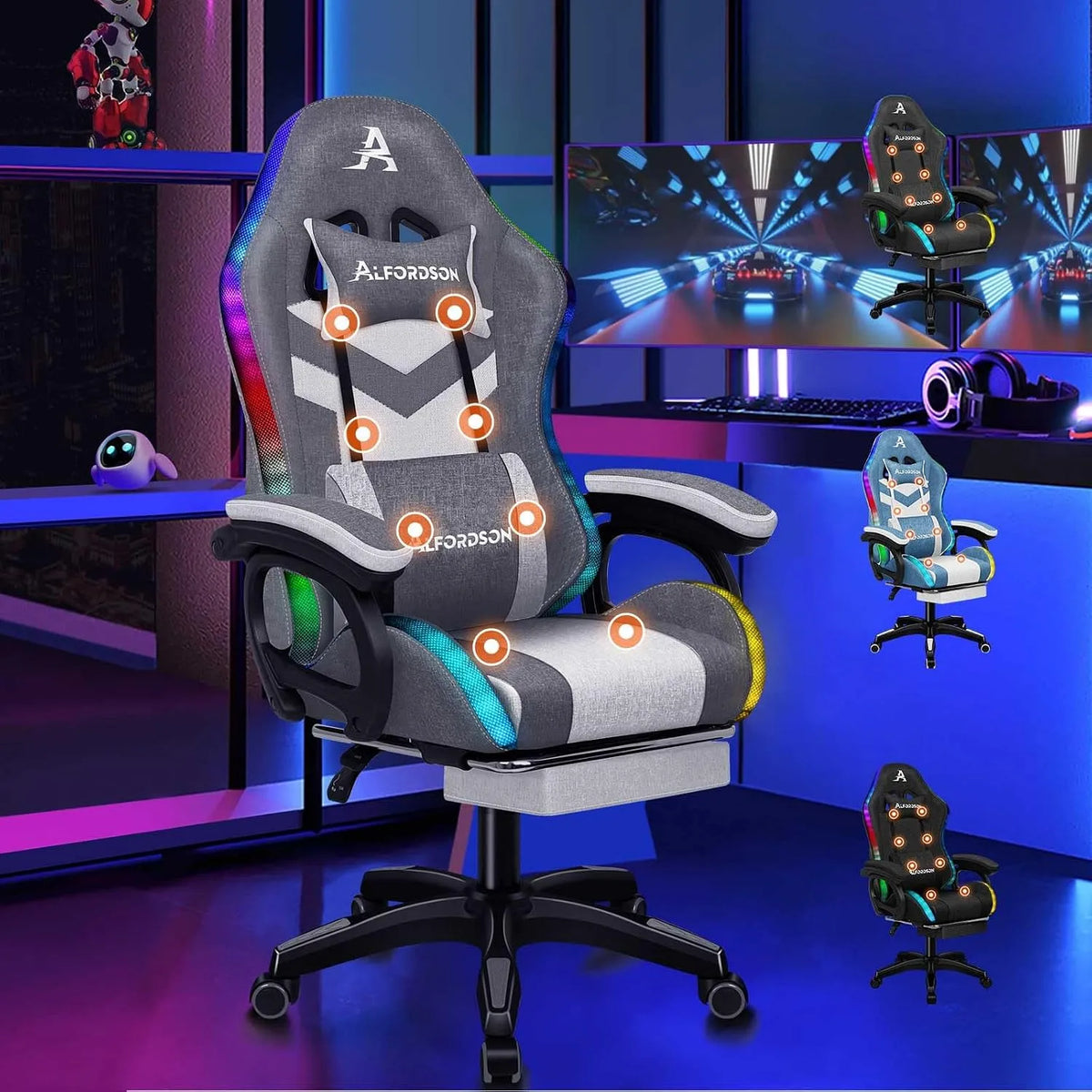 Fotel masujący i fotel relaksacyjny: RGB, gamingowy, oświetlenie RGB, wyświetlacz LED, szary, z funkcją masażu