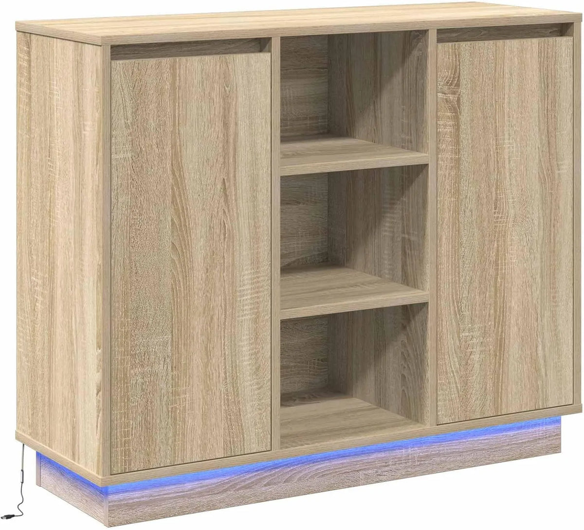 Nowoczesny kredens z oświetleniem LED i miejscem do przechowywania – z drewna, wyświetlacz LED, 90 × 32 × 75 cm