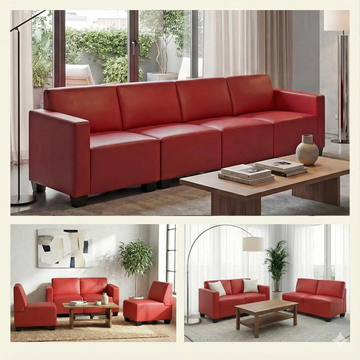 Sofa – Lyon, modułowa konstrukcja, 4-osobowa, czerwony, tapicerka skórzana