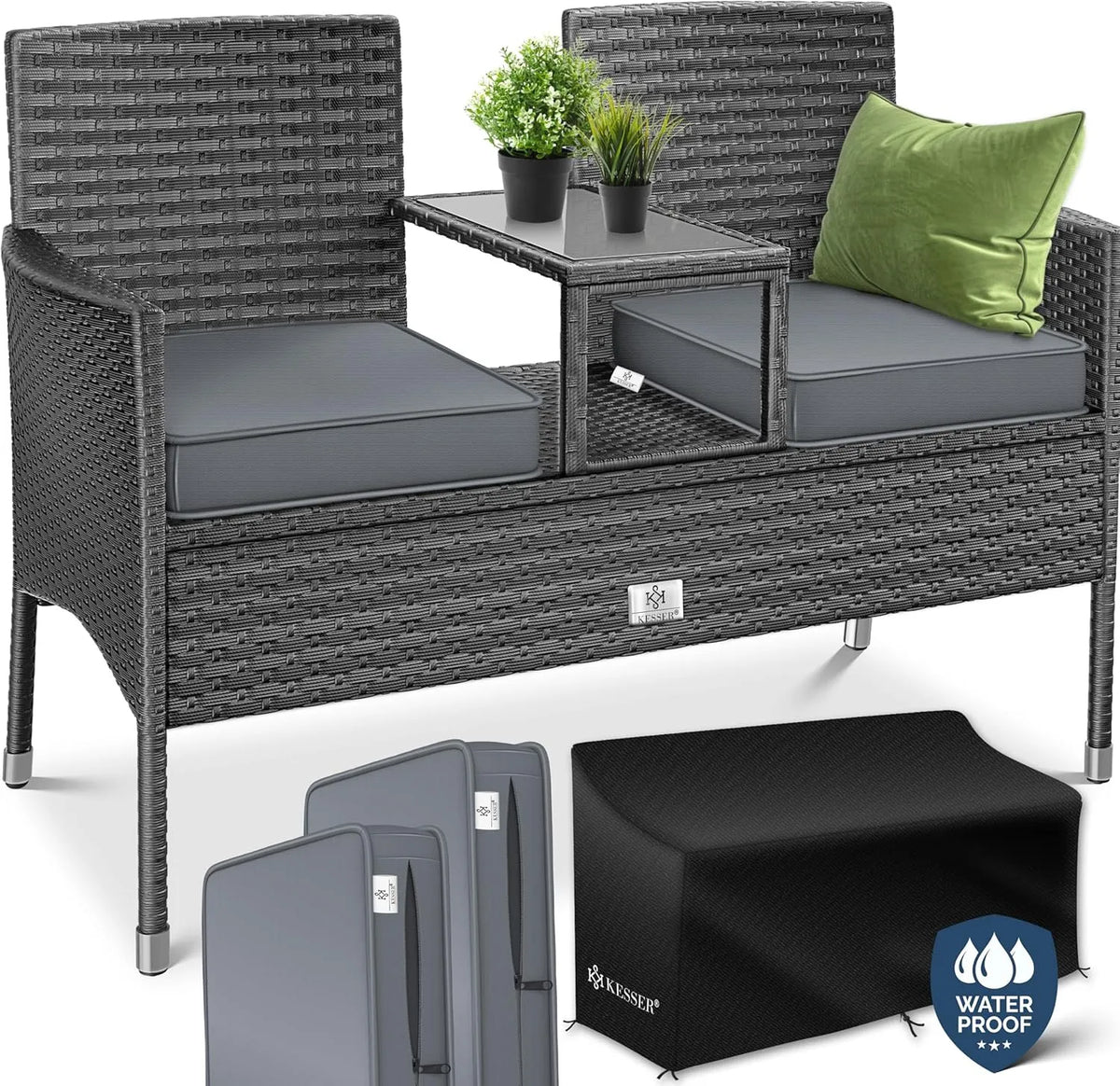 ® Ławka ogrodowa i ławka tarasowa z polirattanu — z poduszkami, odporny na warunki atmosferyczne, z technorattanu, 2-osobowa, 133 × 55 × 84 cm