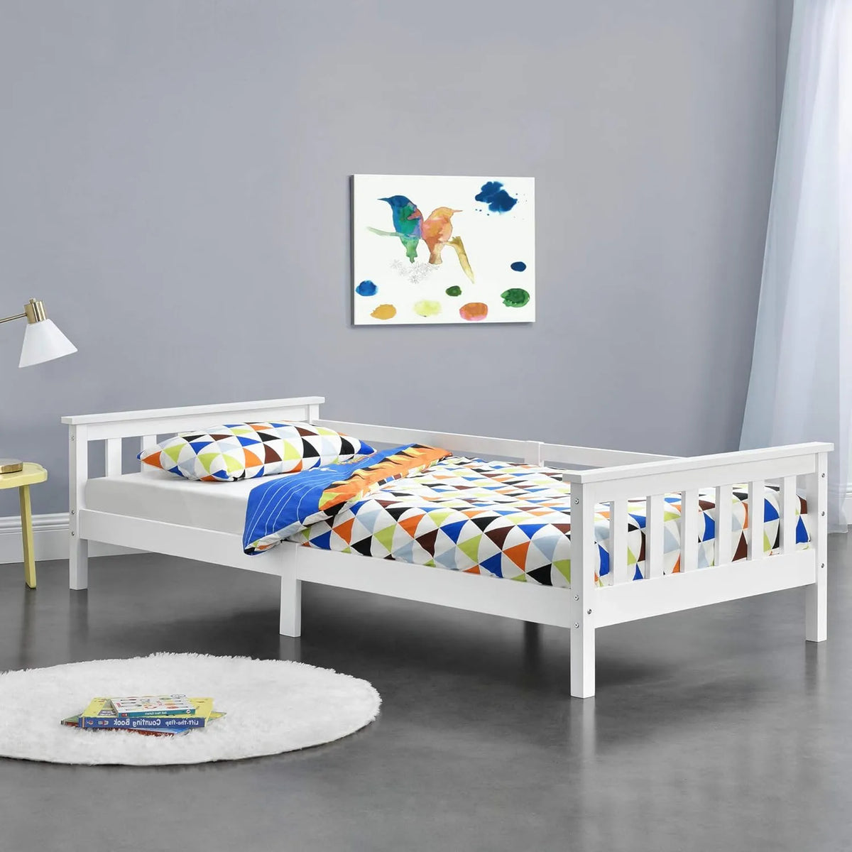 en.casa Łóżko dziecięce z miejscem do przechowywania – z drewna, 90 × 200 cm, 100 kg, biały, tapicerka materiałowa