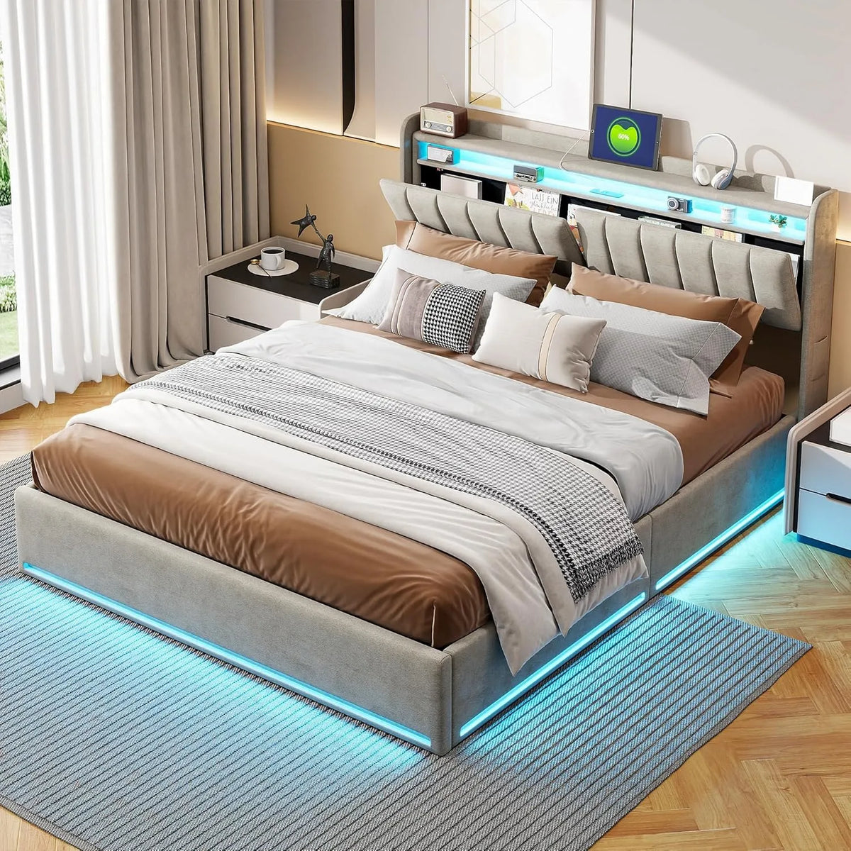 Łóżko 140 x 200 LED — z portem USB, wyświetlacz LED, 140 × 200, 140 × 200 cm, tapicerka materiałowa