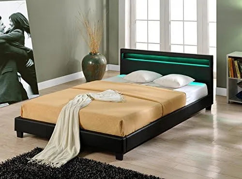 Łóżko tapicerowane i rama łóżka z obiciem – RGB, oświetlenie RGB, wyświetlacz LED, 180 × 200 cm, czarny, tapicerka materiałowa, tapicerka skórzana