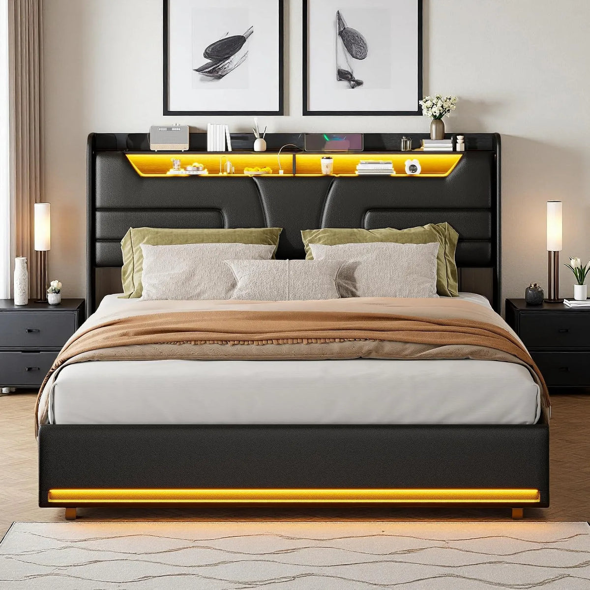 Łóżko tapicerowane i rama łóżka z obiciem — ze skóry PU, z portem USB, wyświetlacz LED, 160 × 200 cm, czarny