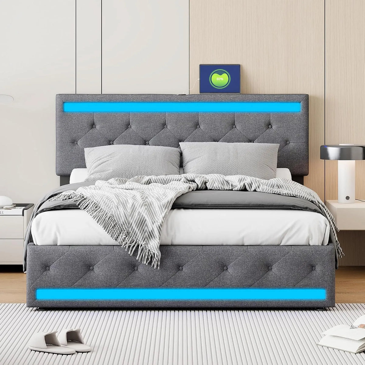 Łóżko tapicerowane i rama łóżka z obiciem – z szufladami, z oparciem, z portem USB, wyświetlacz LED, 4 szufladami, 140 × 200 cm, tapicerka materiałowa