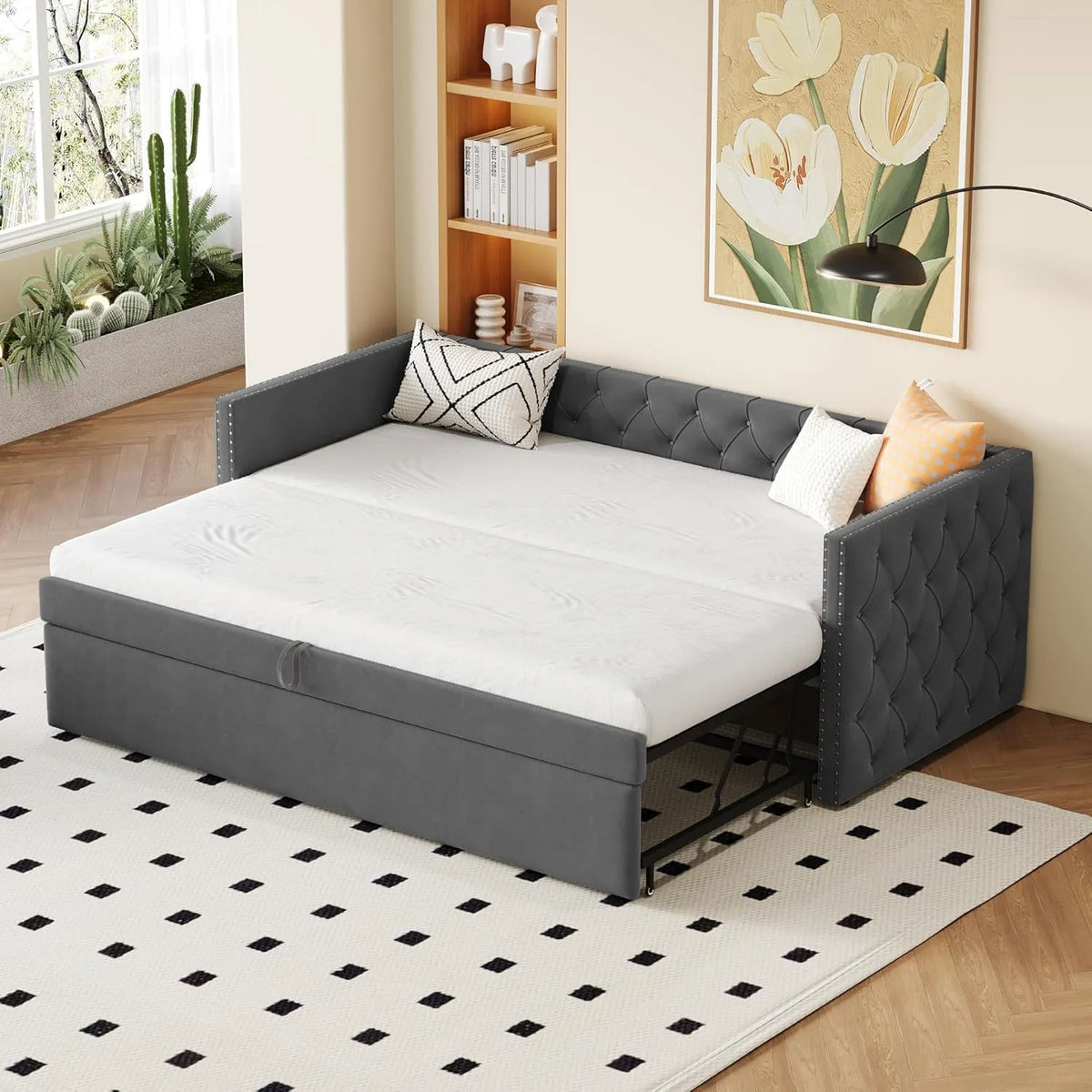 Sofa — z funkcją spania, tapicerka aksamitna, 90 × 200 cm, 180 × 200 cm, szary, tapicerka materiałowa