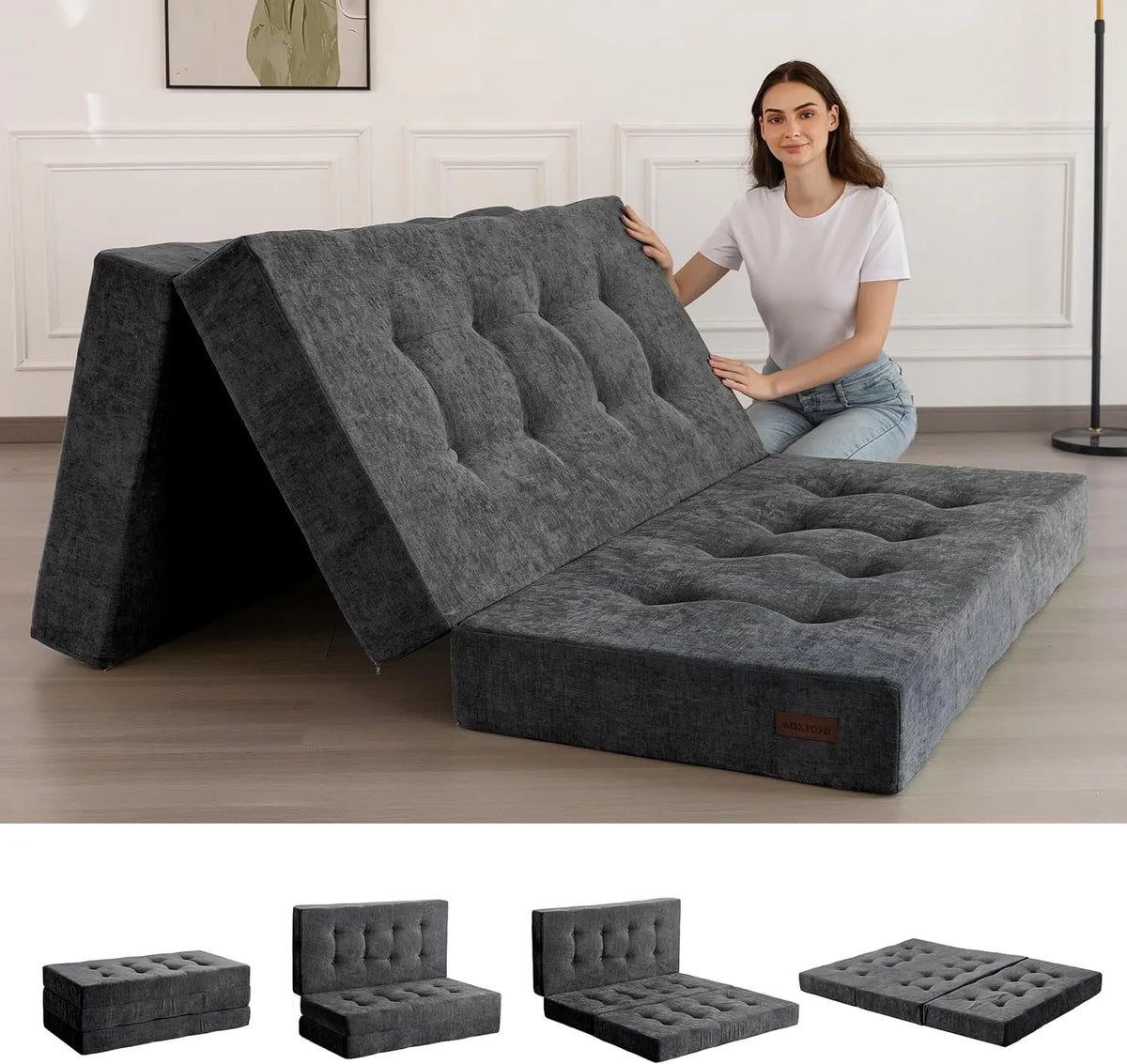 Materac – z tkaniny szenilowej, tapicerka materiałowa, składana konstrukcja, 15 cm