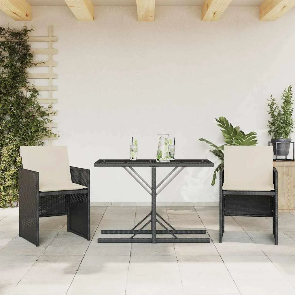 3-częściowy zestaw bistro z poduszkami — z technorattanu, składana konstrukcja, 105 × 51 × 72 cm, czarny
