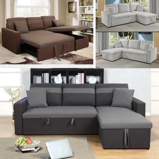Sofa narożna — z podłokietnikami, wyświetlacz LED, 223 cm, szary, tapicerka skórzana