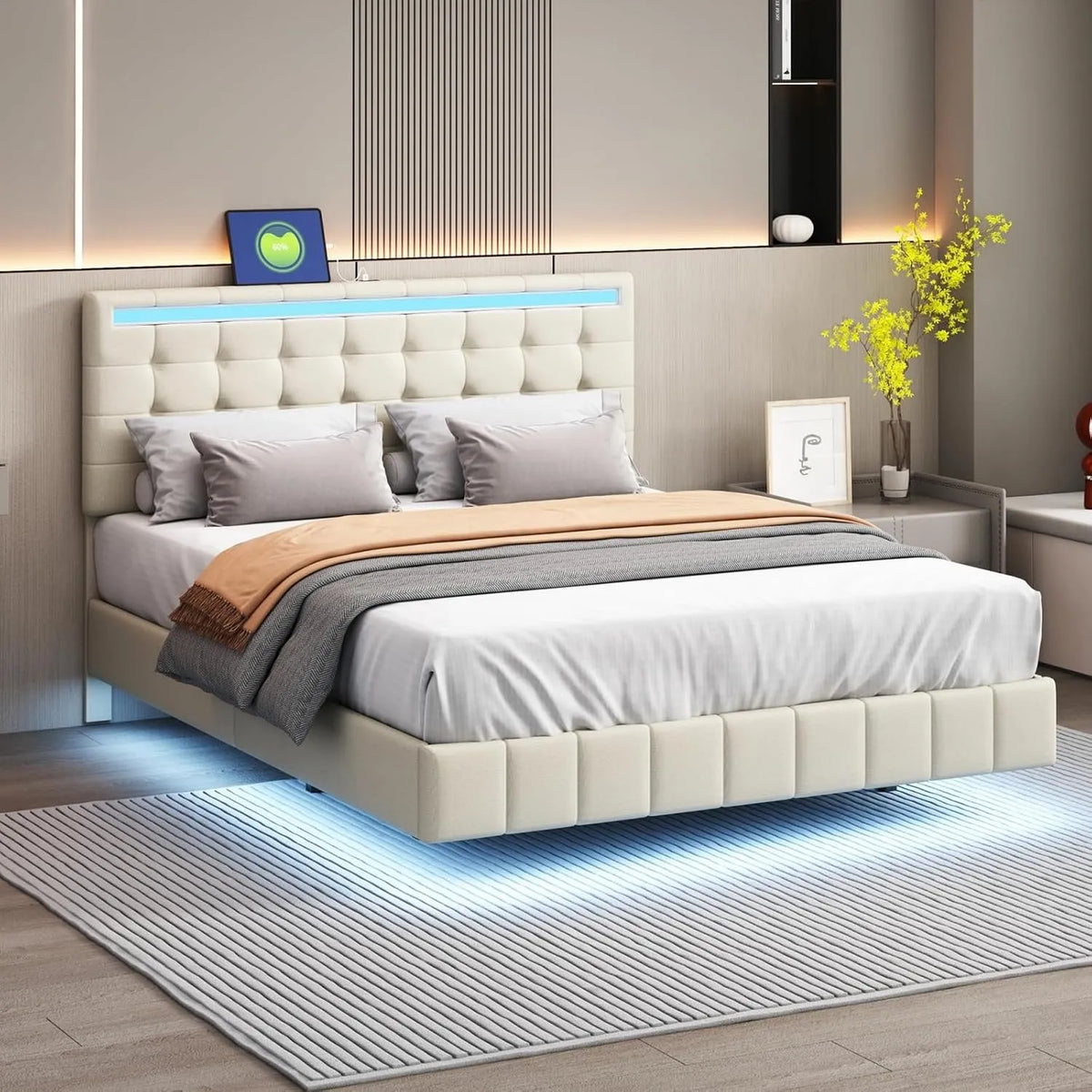 Łóżko tapicerowane i rama łóżka z obiciem: z szufladami, z portem USB, wyświetlacz LED, 4 szufladami, 160 × 200 cm, tapicerka materiałowa