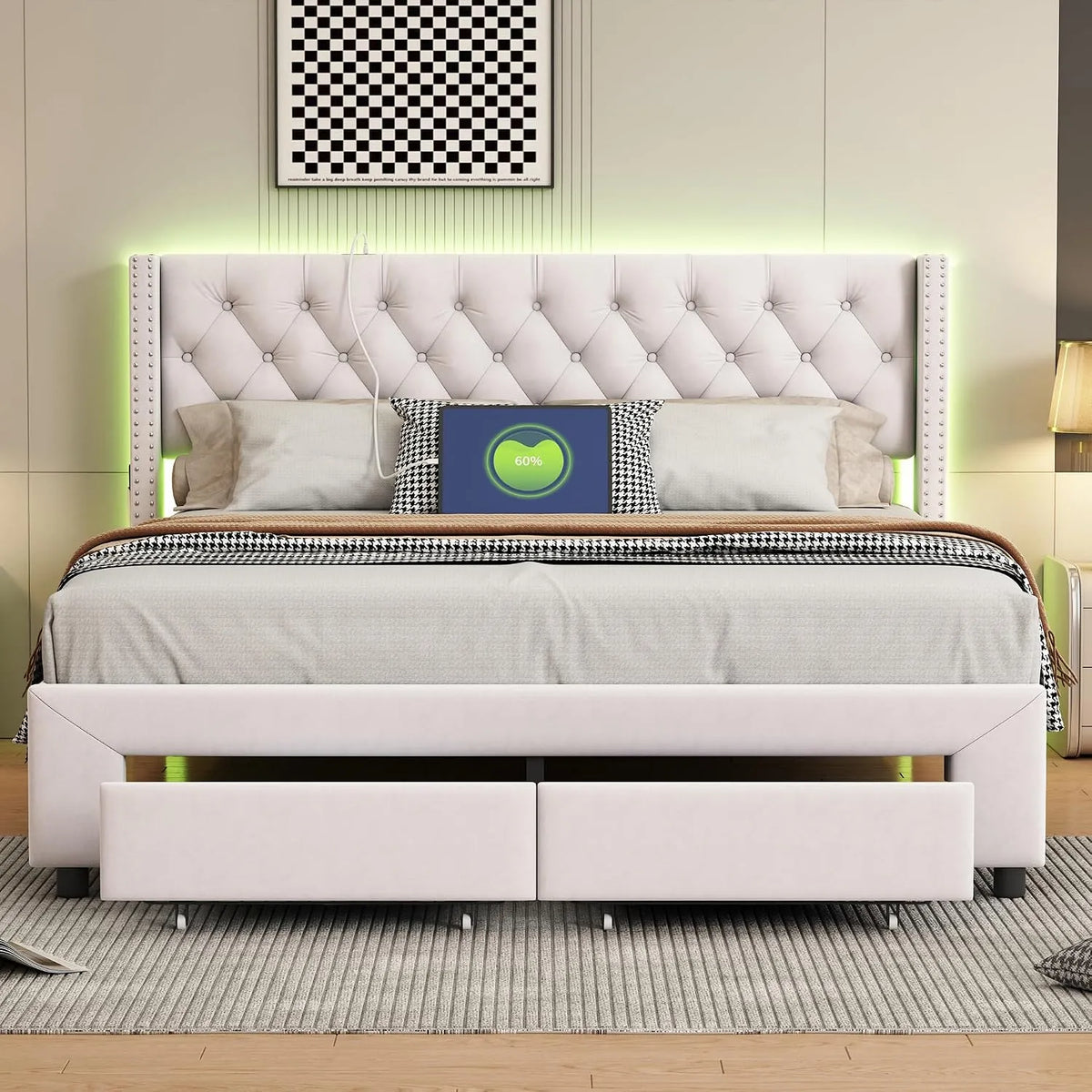Łóżko tapicerowane i rama łóżka z obiciem — z szufladami, z portem USB, wyświetlacz LED, 2 szufladami, 160 × 200 cm, beżowy, tapicerka materiałowa