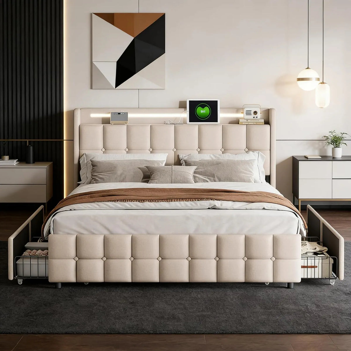 Łóżko tapicerowane i rama łóżka z obiciem: z szufladami, z portem USB, wyświetlacz LED, 4 szufladami, 180 × 200 cm, beżowy, tapicerka materiałowa