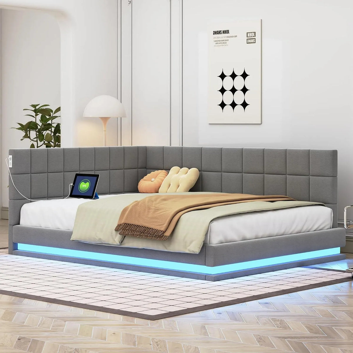 Łóżko tapicerowane i rama łóżka z obiciem: tapicerka materiałowa, z portem USB, tapicerka aksamitna, wyświetlacz LED, 140 × 200 cm