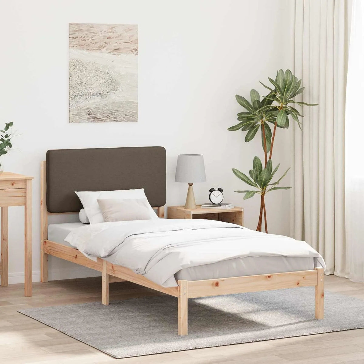 Drewniana Rama łóżka i konstrukcja łóżka z tapicerowanym zagłówkiem w kolorze szarobrązowym taupe – z drewna, 90 × 190 cm, szary, z litego drewna