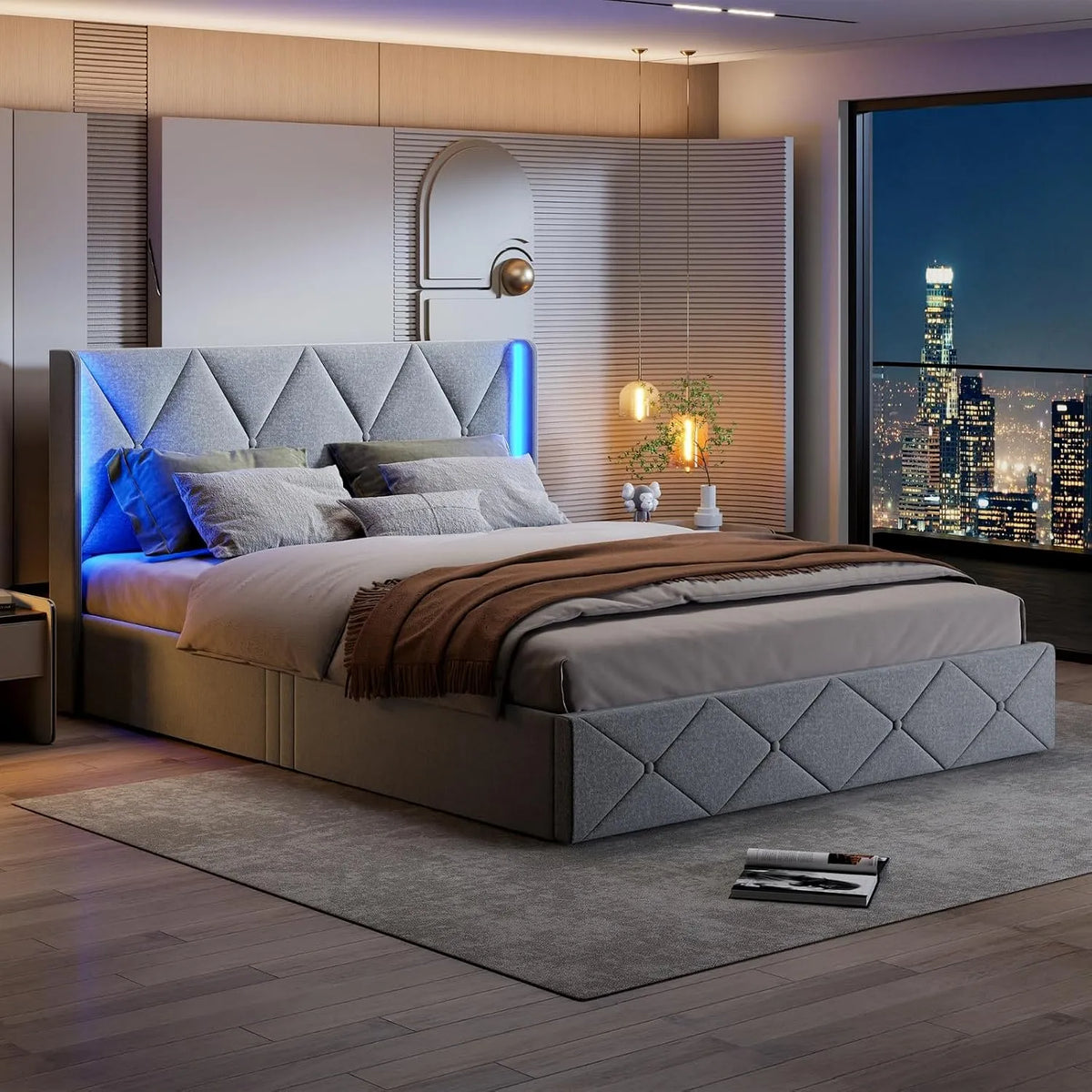 Łóżko tapicerowane i rama łóżka z obiciem: z portem USB, tapicerka aksamitna, wyświetlacz LED, 140 × 200 cm, szary