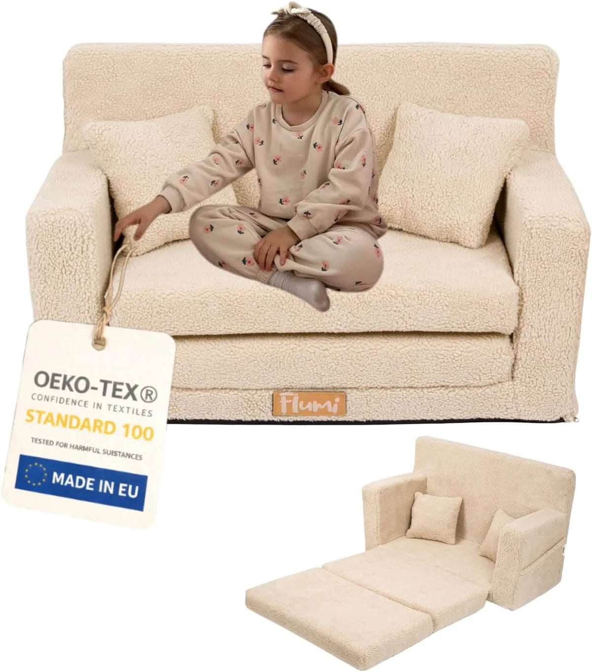 Sofa – IMI, ze sztruksu, wypełnienie piankowe, beżowy, rozkładana konstrukcja