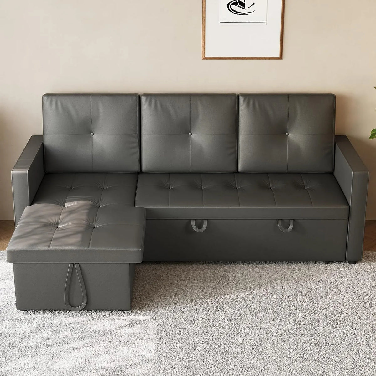 Sofa narożna — w kształcie litery L, z funkcją spania, z podłokietnikami, 3-osobowa, 203 × 130 × 88 cm, tapicerka skórzana