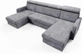 Sofa narożna — MAKO, tapicerka materiałowa, z funkcją spania, regulowana konstrukcja, 254 × 125 cm, 274 cm, szary, z pojemnikiem do przechowywania