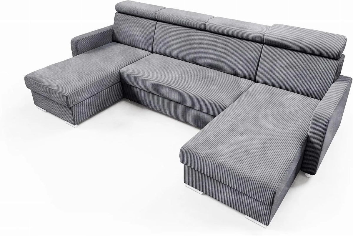 Sofa narożna — MAKO, tapicerka materiałowa, z funkcją spania, regulowana konstrukcja, 254 × 125 cm, 274 cm, szary, z pojemnikiem do przechowywania