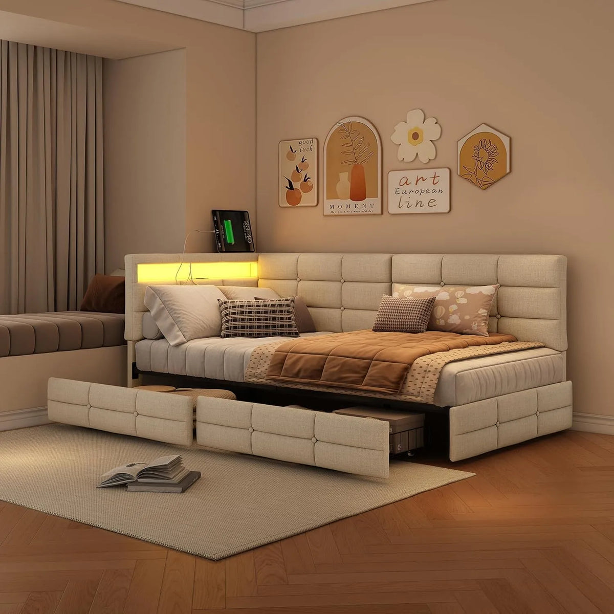 Łóżko tapicerowane i rama łóżka z obiciem: z szufladami, z funkcją spania, z portem USB, wyświetlacz LED, 2 szufladami, 90 × 200 cm