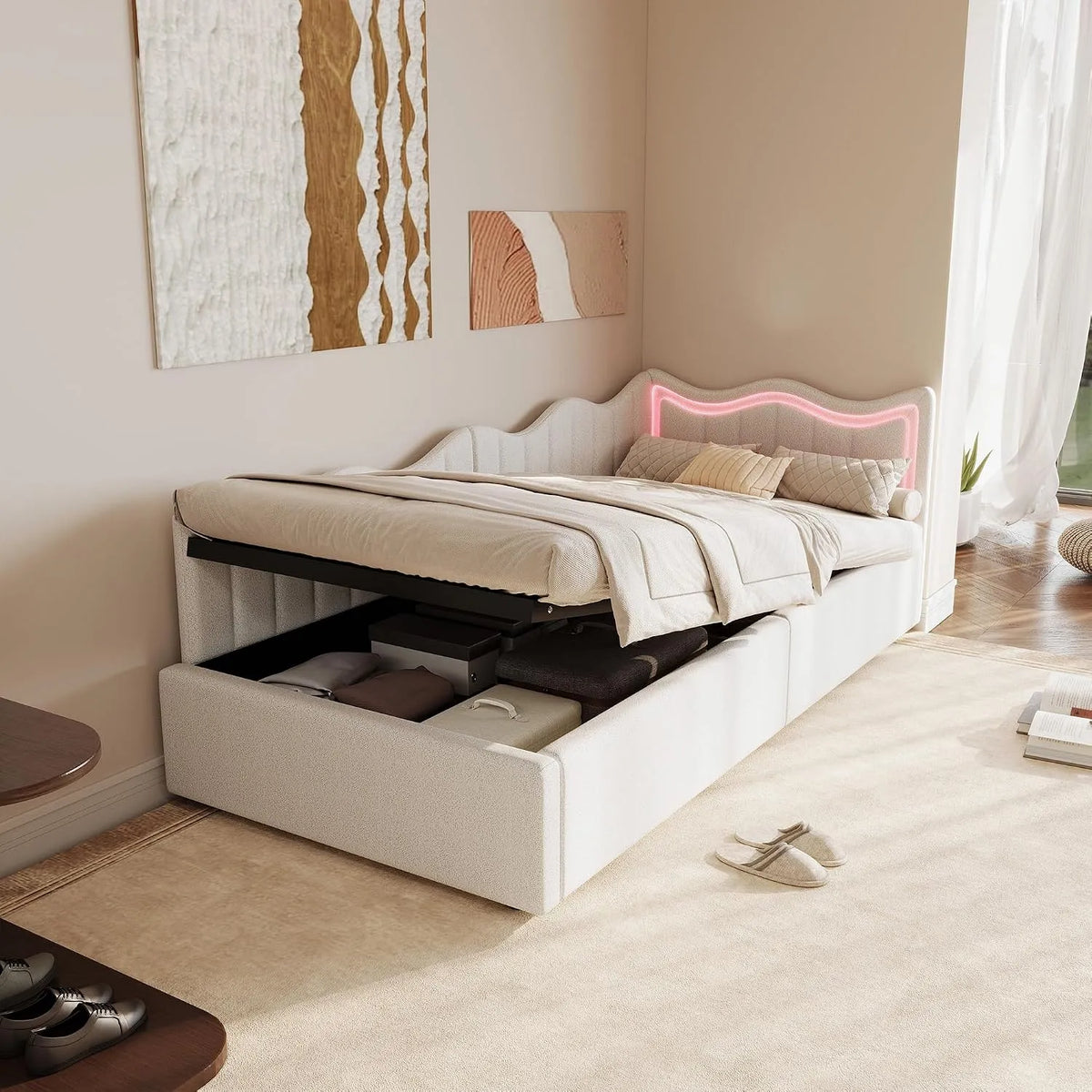 Sofa – tapicerka aksamitna, wyświetlacz LED, 1-osobowa, 90 × 200 cm, beżowy