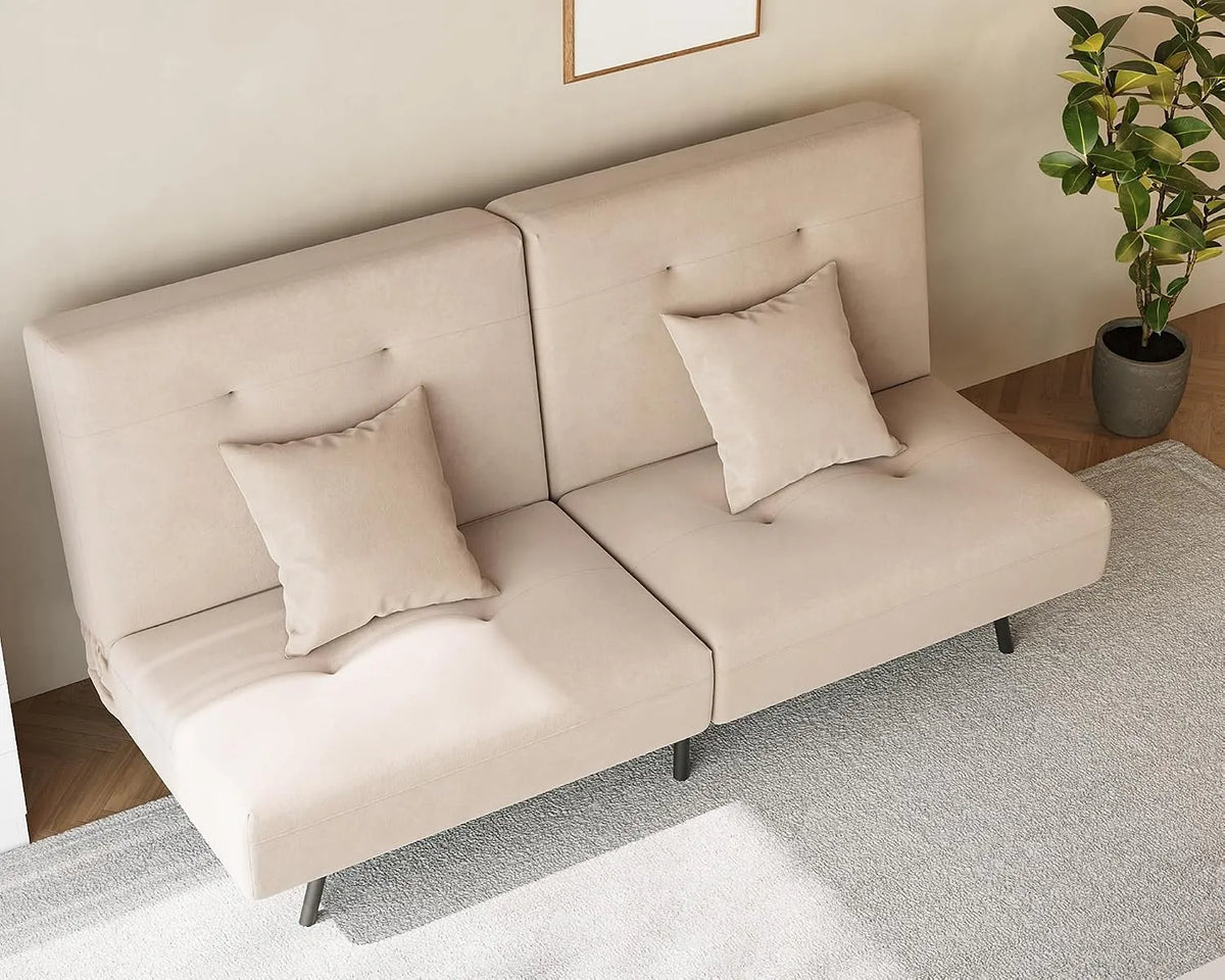Sofa – z funkcją spania, z oparciem, z poduszkami, tapicerka aksamitna, składana konstrukcja, regulowana konstrukcja