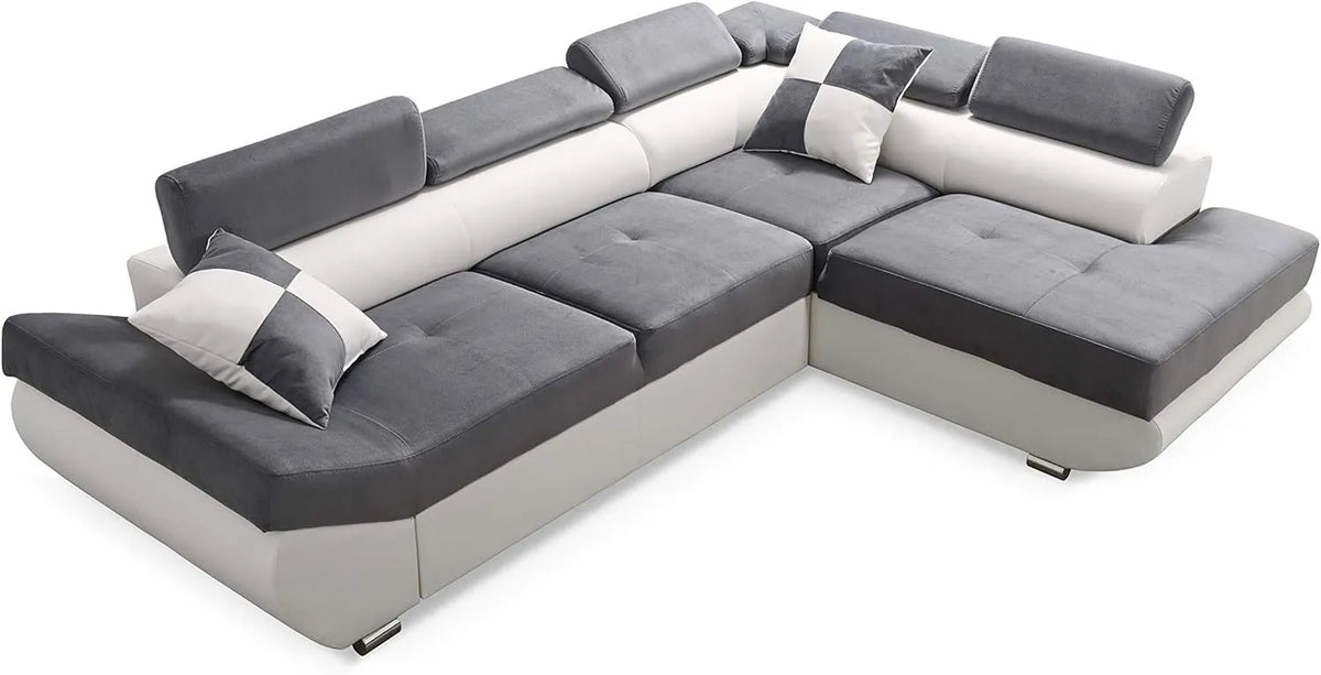 Sofa narożna – w kształcie litery L, wolnostojący, z funkcją spania, z poduszkami, szary