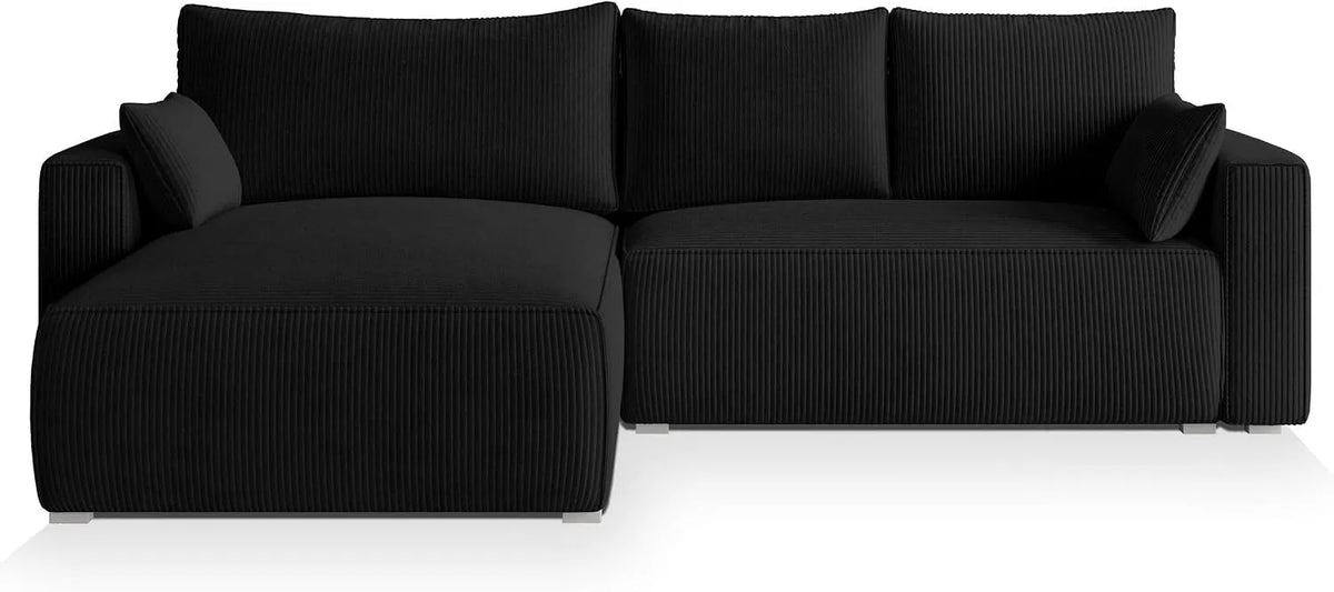 Sofa narożna — FORIL, z funkcją spania, czarny, z pojemnikiem do przechowywania, rozkładana konstrukcja