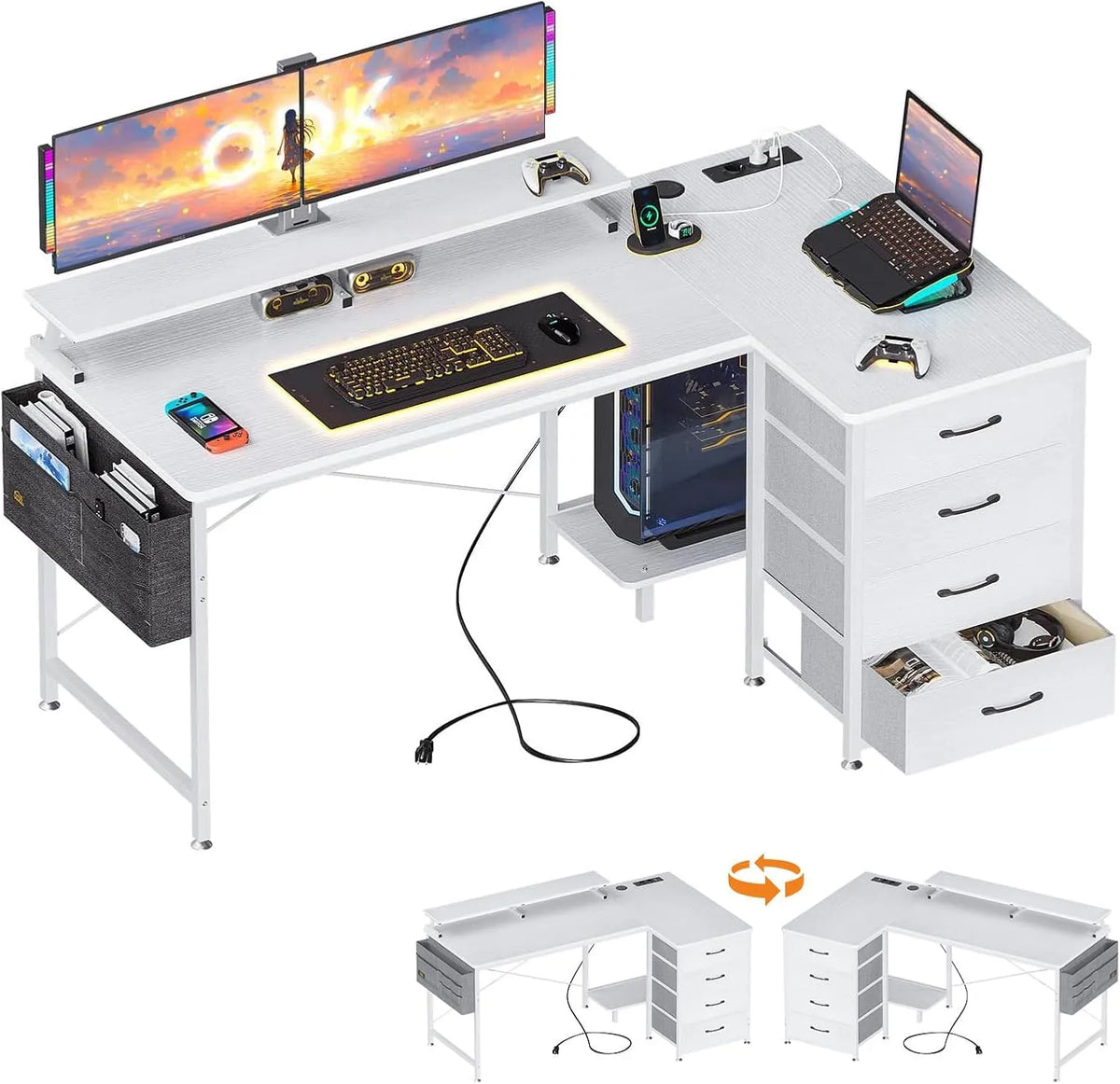 Biurko i stół komputerowy — w kształcie litery L, z szufladami, z biurkiem, z portem USB, 4 szufladami, 140 × 80 × 84, 7 cm, biały