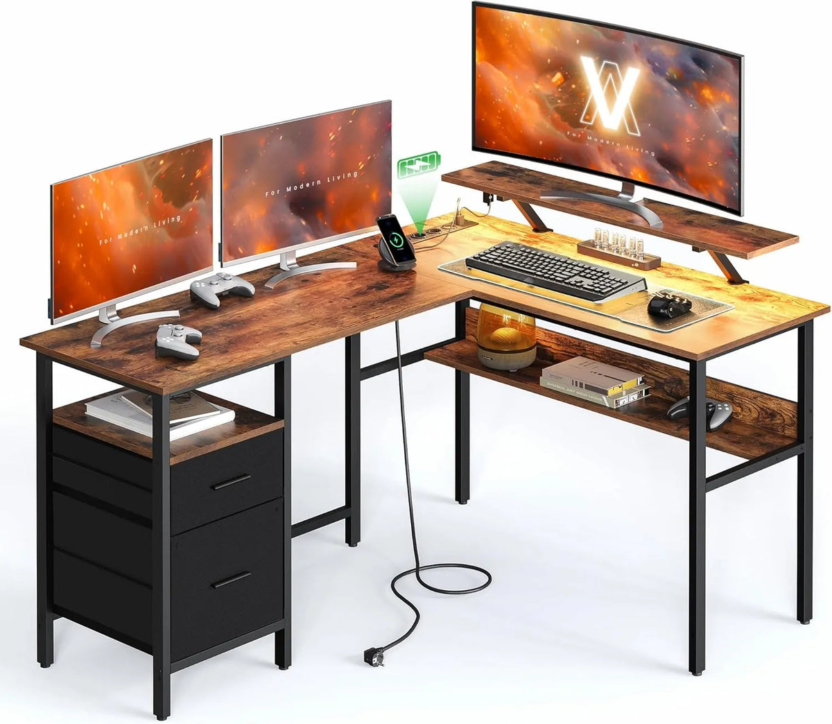 VASAGLE LWD095K01 Biurko i stół komputerowy – w kształcie litery L, z biurkiem, z portem USB, wyświetlacz LED, 150 × 120 cm, brązowy