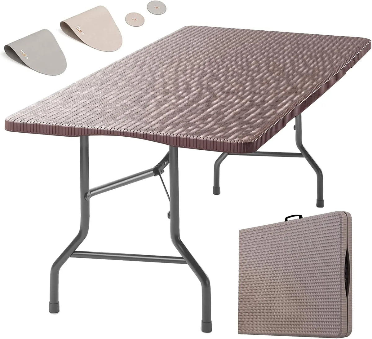 Stół Składany 180x70cm: z technorattanu, składana konstrukcja, 180 × 70cm, 150 kg, brązowy, tapicerka materiałowa