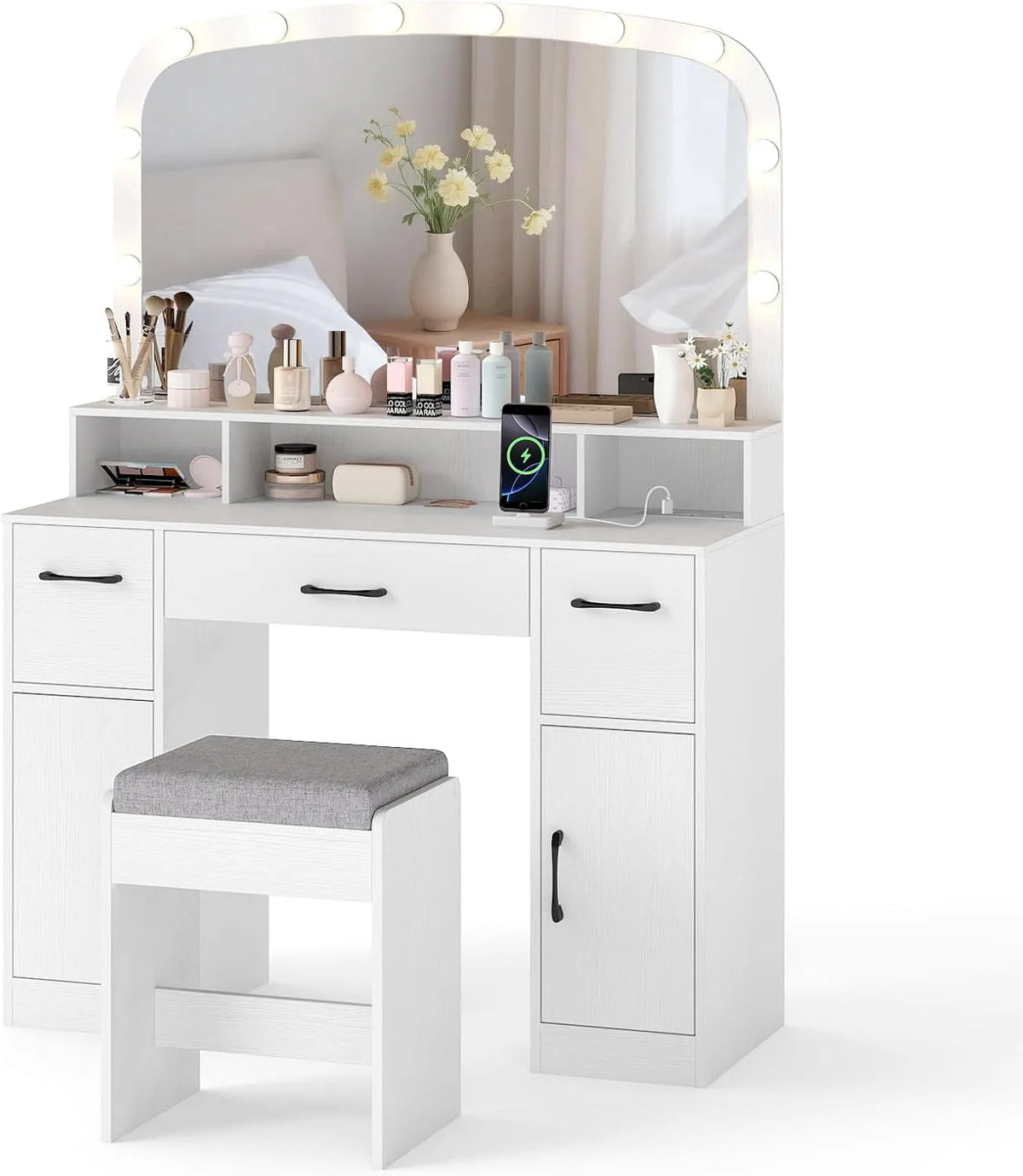 COSTWAY Toaletka i stolik do makijażu z taboretem do makijażu i lustrem LED – z szufladami, wyświetlacz LED, 3 szuflady, 108 × 40 × 149 cm, biały