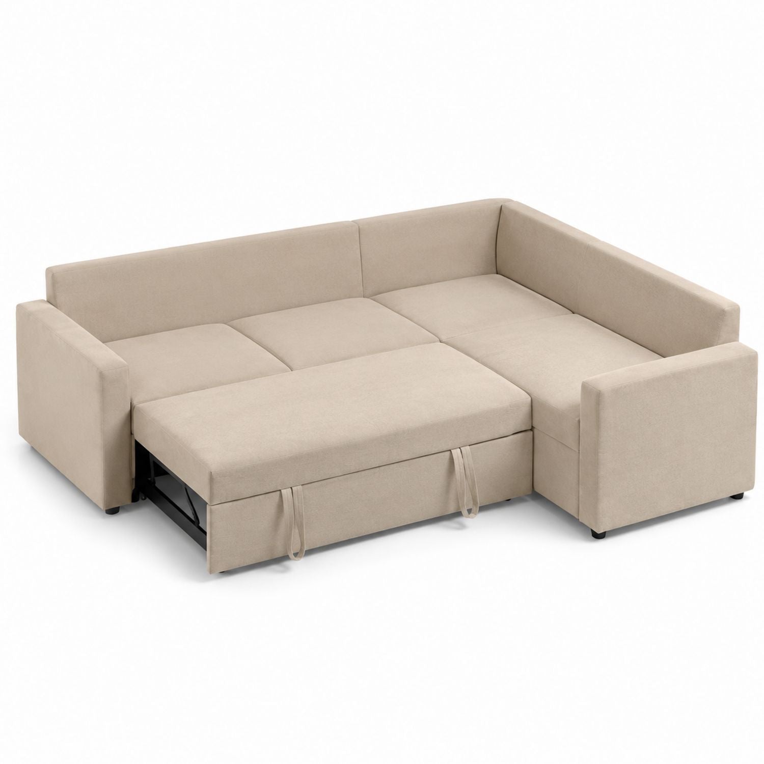 Sofa narożna rozkładana z tkaniny beżowej w kształcie L